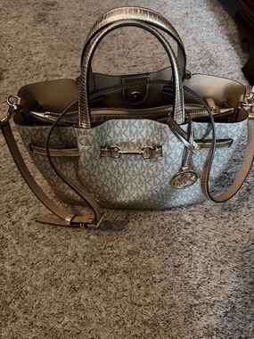 Michael Kors Metallic Gold Logo-Print Satchel with MK Charm